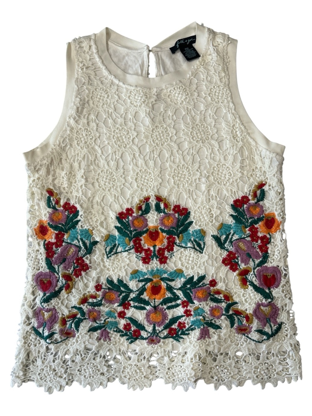 Faith + Zoe White Lace Sleeveless Top with Colorful Floral Embroidery Sz PM